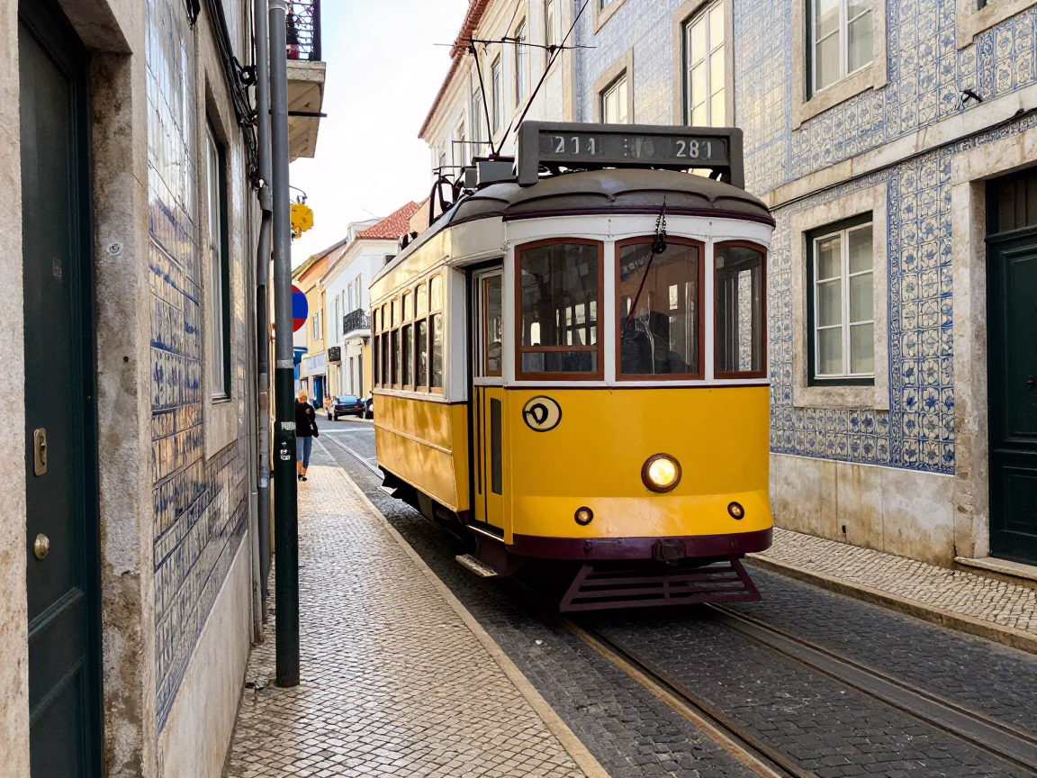 Sunlit Lisbon Alleyway with Yellow Tram and Traditional Azulejo Tiles in in Lisbon, Portugal