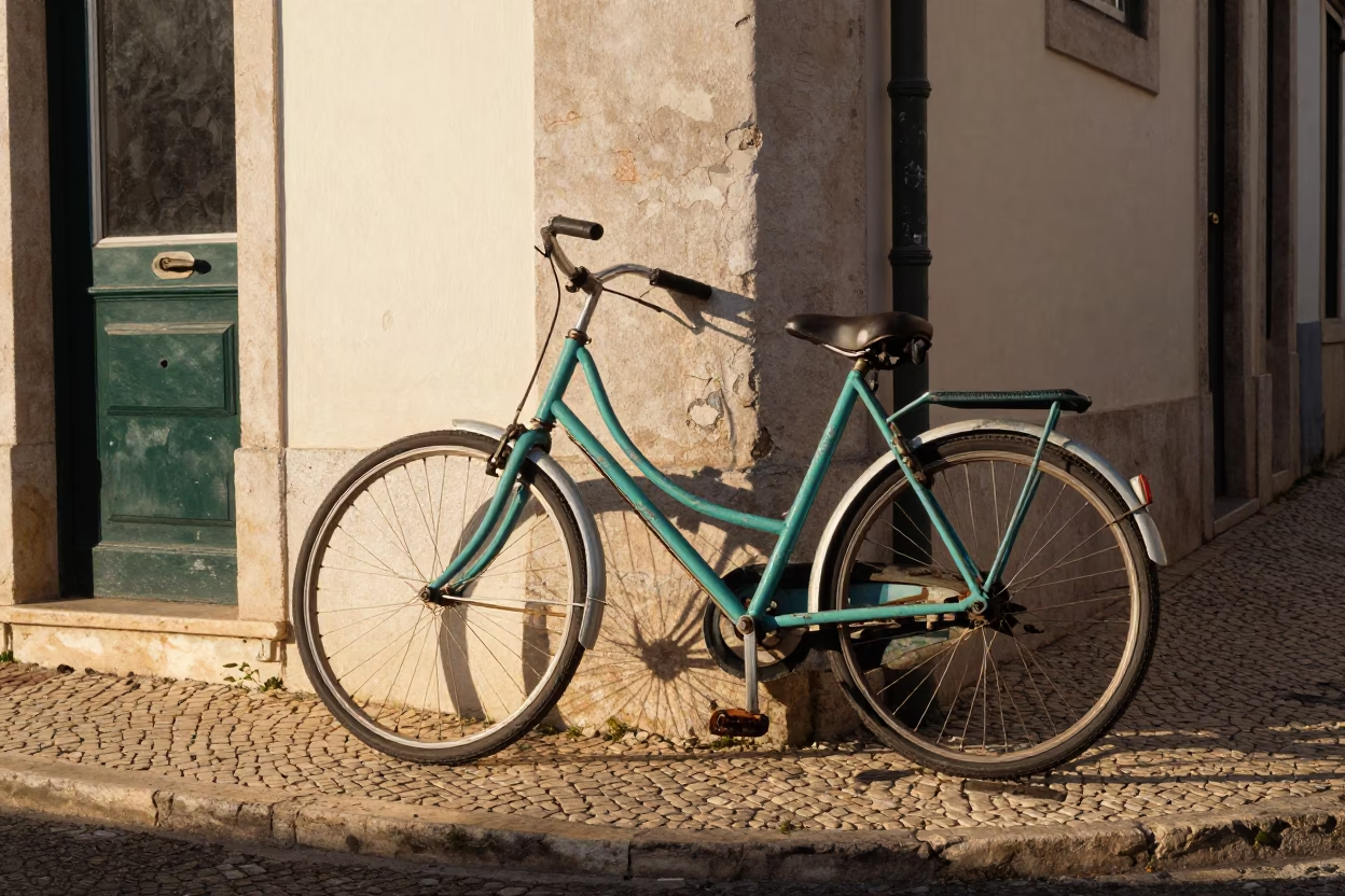 Sunlit Lisbon Street Corner With Bicycle And Painted Drawer in in Lisbon, Portugal