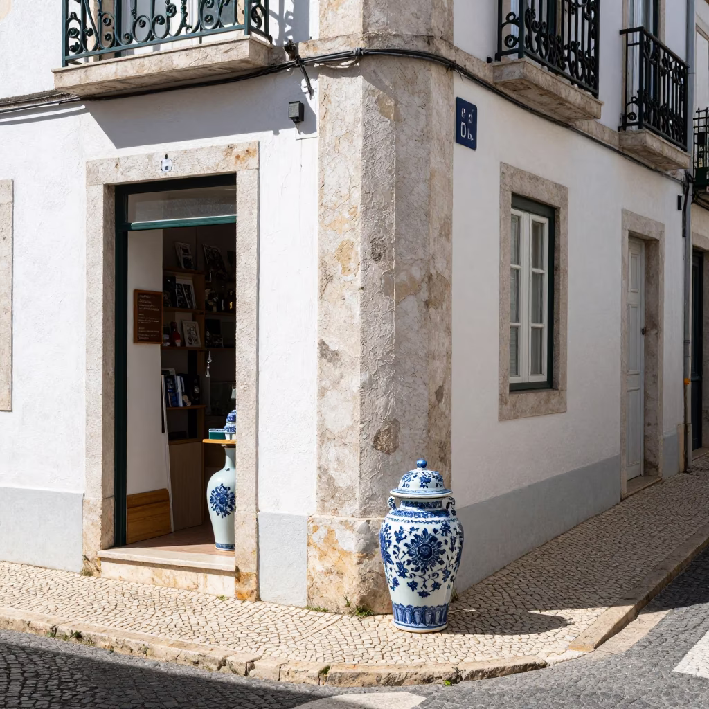 Sunlit Lisbon Street Corner with Blue White Porcelain Jar and Brass Details in in Lisbon, Portugal