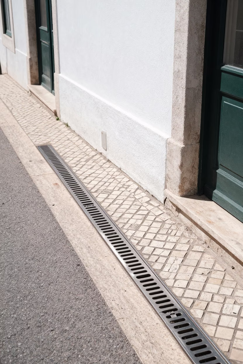 Sunlit Lisbon Street Corner with Brushed Steel Drain and Vintage 1960s Architecture in in Lisbon, Portugal