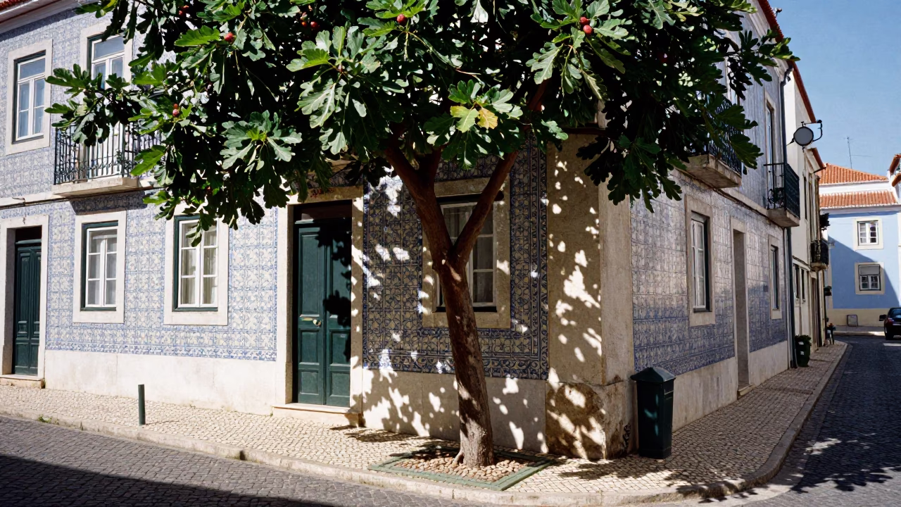 Sunlit Lisbon Street Corner with Fig Tree and Brushed Steel Details in in Lisbon, Portugal