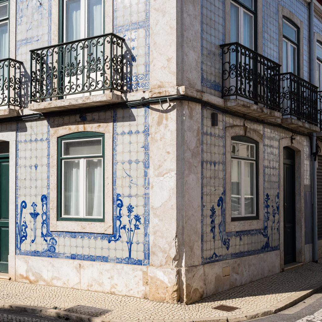 Sunlit Lisbon Street Corner with Traditional Azulejo Tiles and Daily Urban Life at Midday in in Lisbon, Portugal