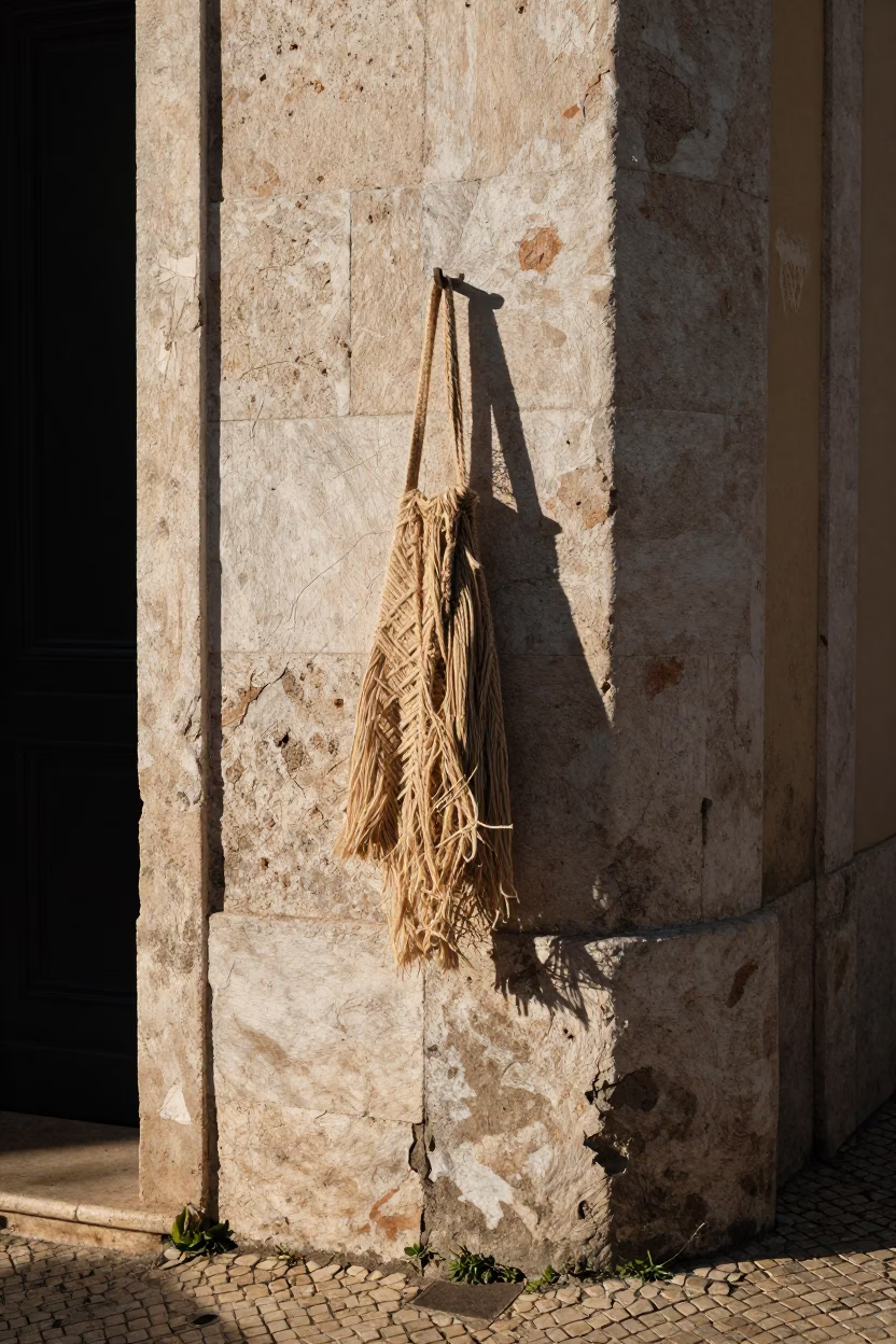 Sunlit Lisbon Street Corner with Twine Fibers on Wall and Casual Afternoon Activity in in Lisbon, Portugal