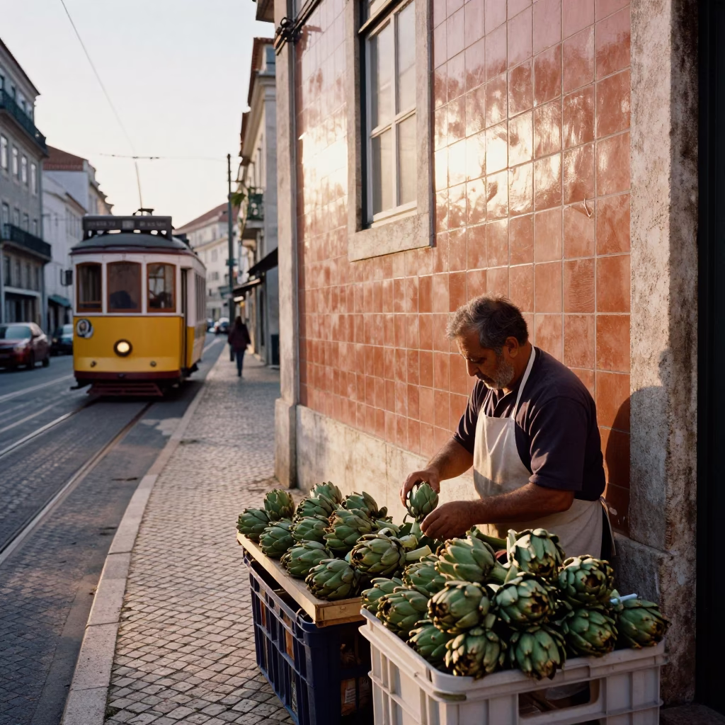 Sunlit Lisbon Street Scene with Cable Car View and Local Market Artichokes in in Lisbon, Portugal