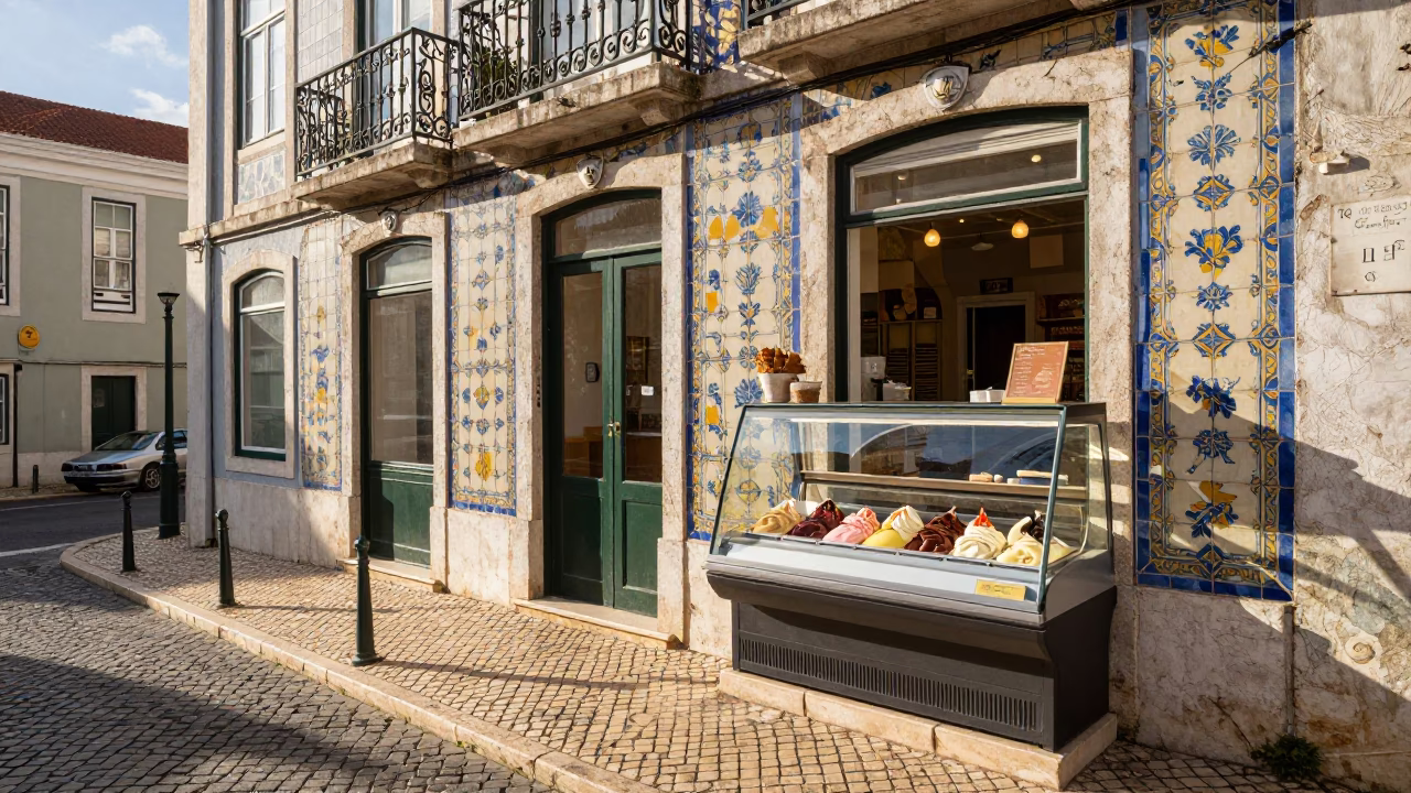 Sunlit Lisbon Street Scene with Gelato Display and Vintage Tram Passing Past in in Lisbon, Portugal