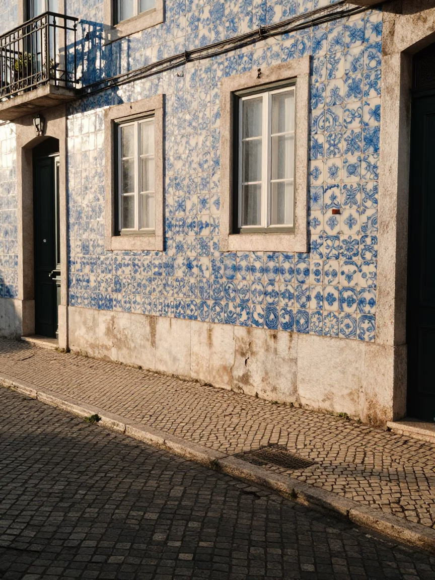 Sunlit Lisbon Street Scene with Traditional Blue Tiles and Morning Light in in Lisbon, Portugal