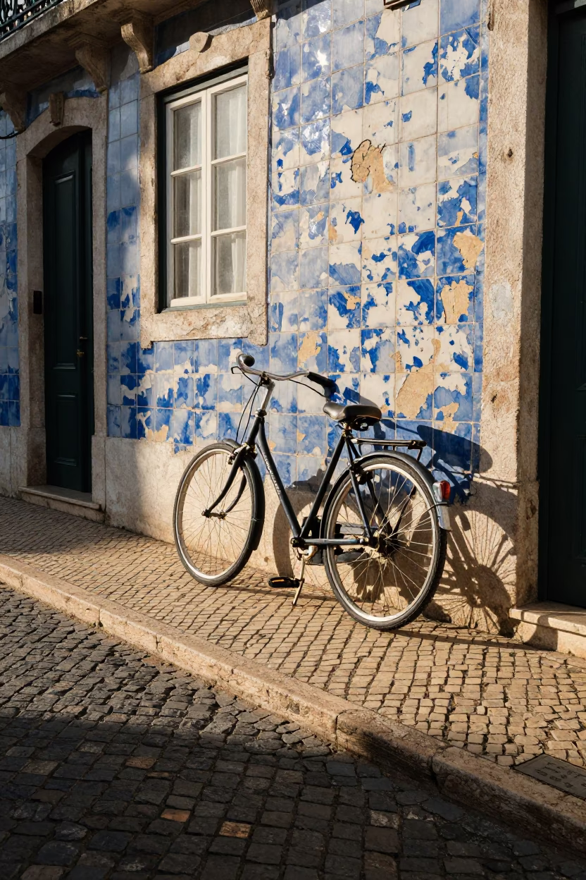 Sunlit Lisbon Street Scene with Vintage Bicycle and Local Market Produce in in Lisbon, Portugal