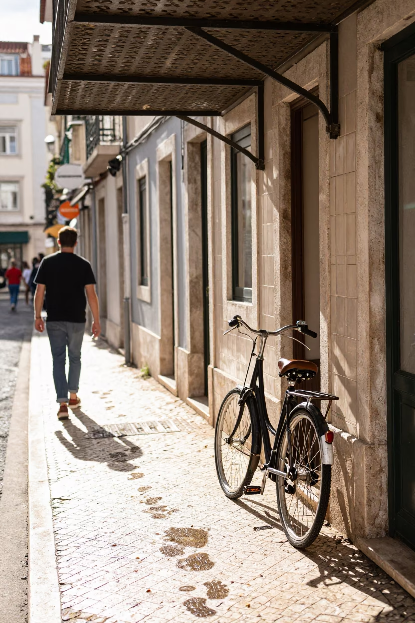 Sunlit Lisbon Street Scene with Vintage Bicycle and Pedestrian Overpass at Midday in in Lisbon, Portugal