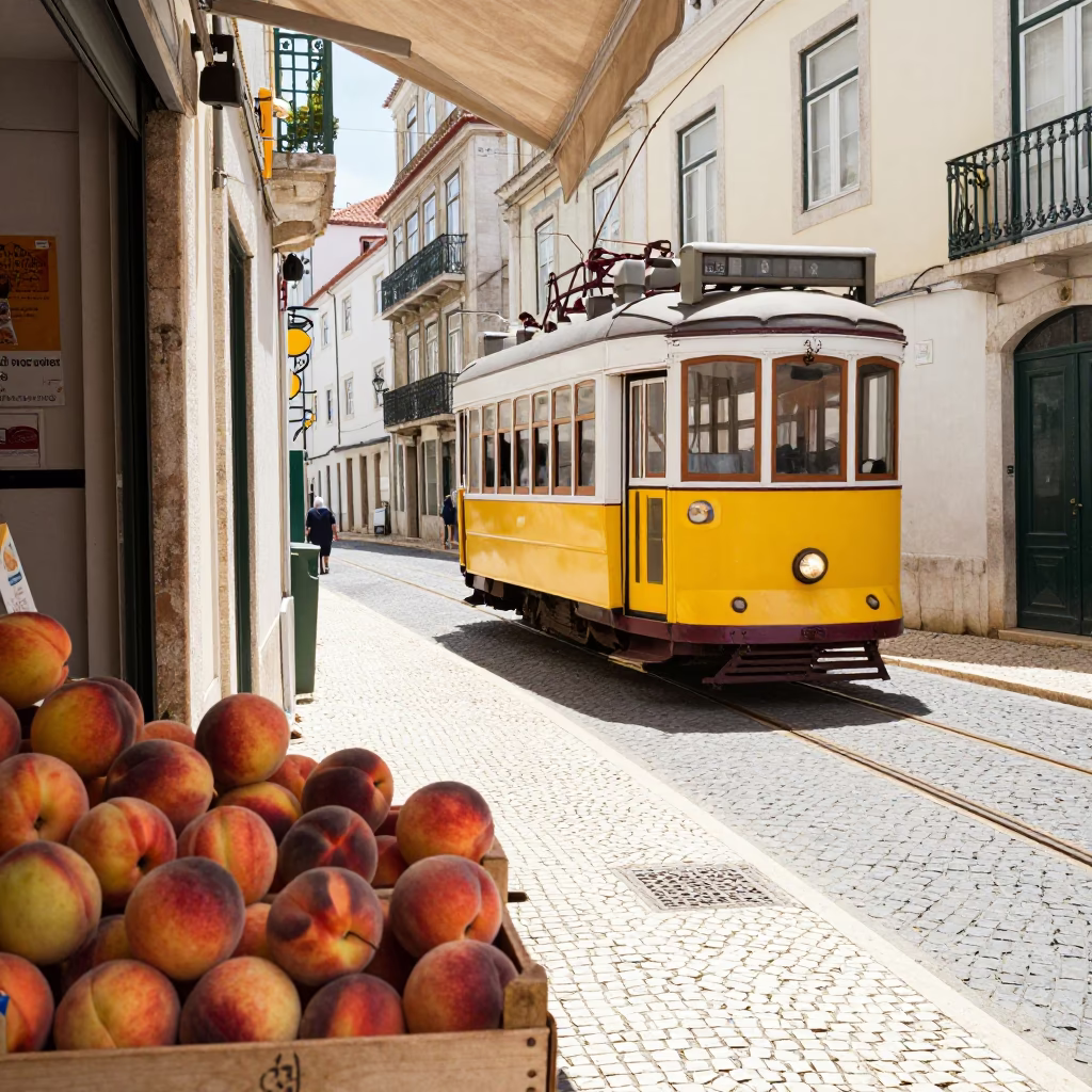 Sunlit Lisbon Street Scene with Vintage Tram and Local Shop Display in in Lisbon, Portugal