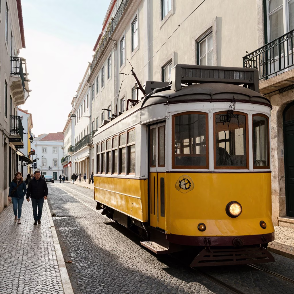 Sunlit Lisbon Street Scene with White Tram and Traditional Tile Facade in in Lisbon, Portugal