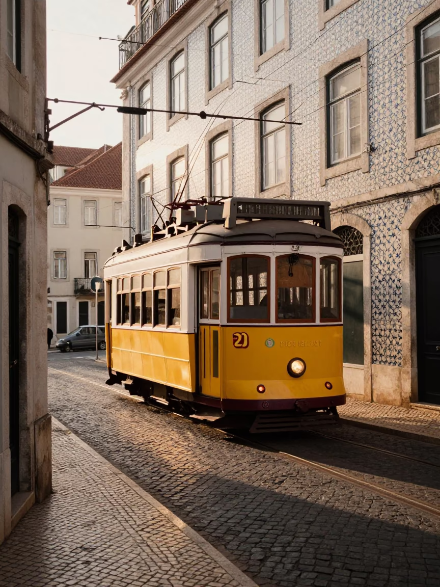 Sunlit Lisbon Street Scene with Yellow Tram and Tiled Facades at Sunrise in in Lisbon, Portugal