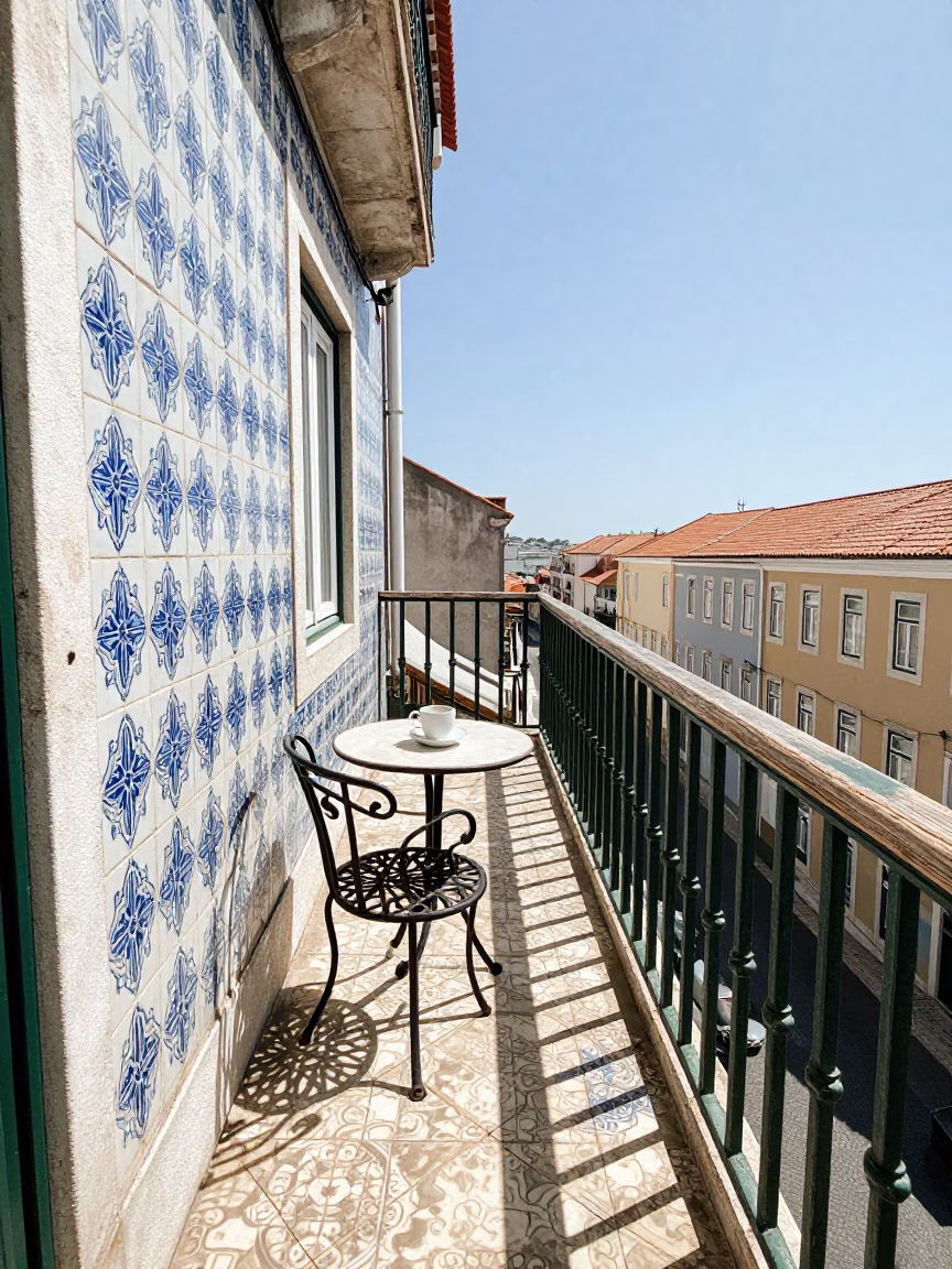 Sunlit Lisbon Terrace with Traditional Azulejo Tiles and Daily Life at Noon in in Lisbon, Portugal