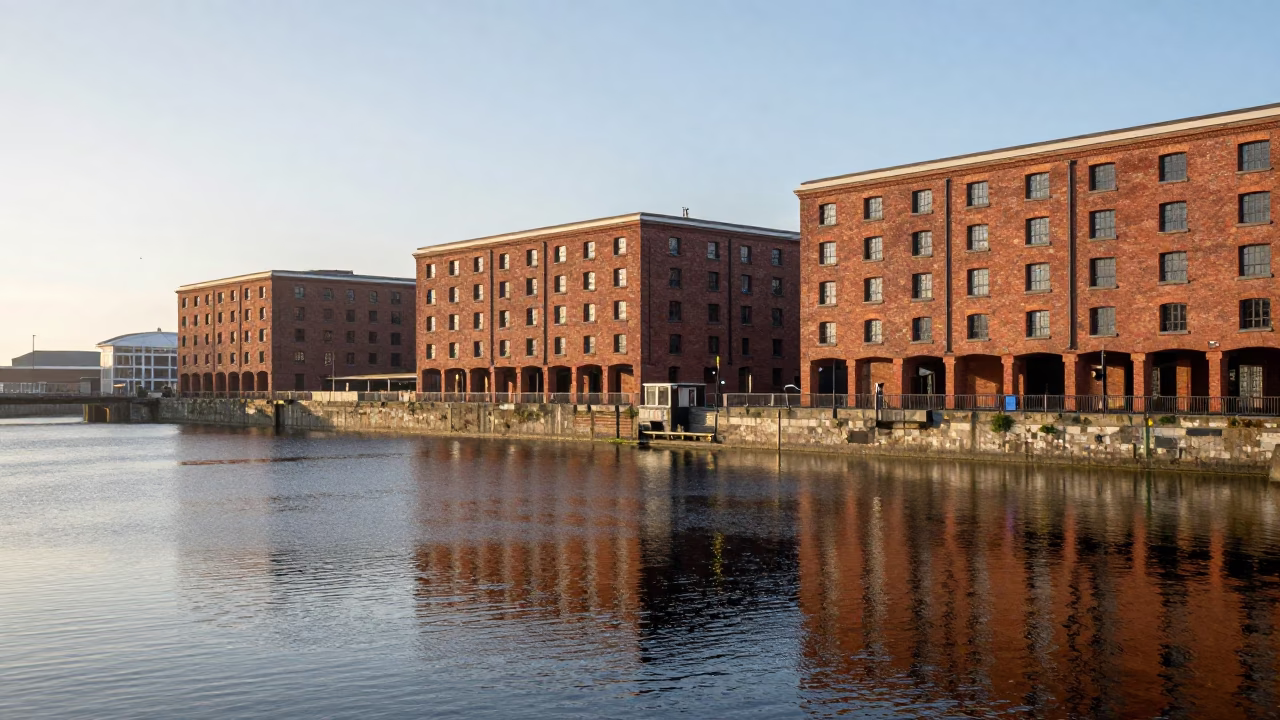 Sunlit Liverpool Docklands Waterfront Scene with Traditional Brick Warehouses and Morning Light in in Liverpool, United Kingdom