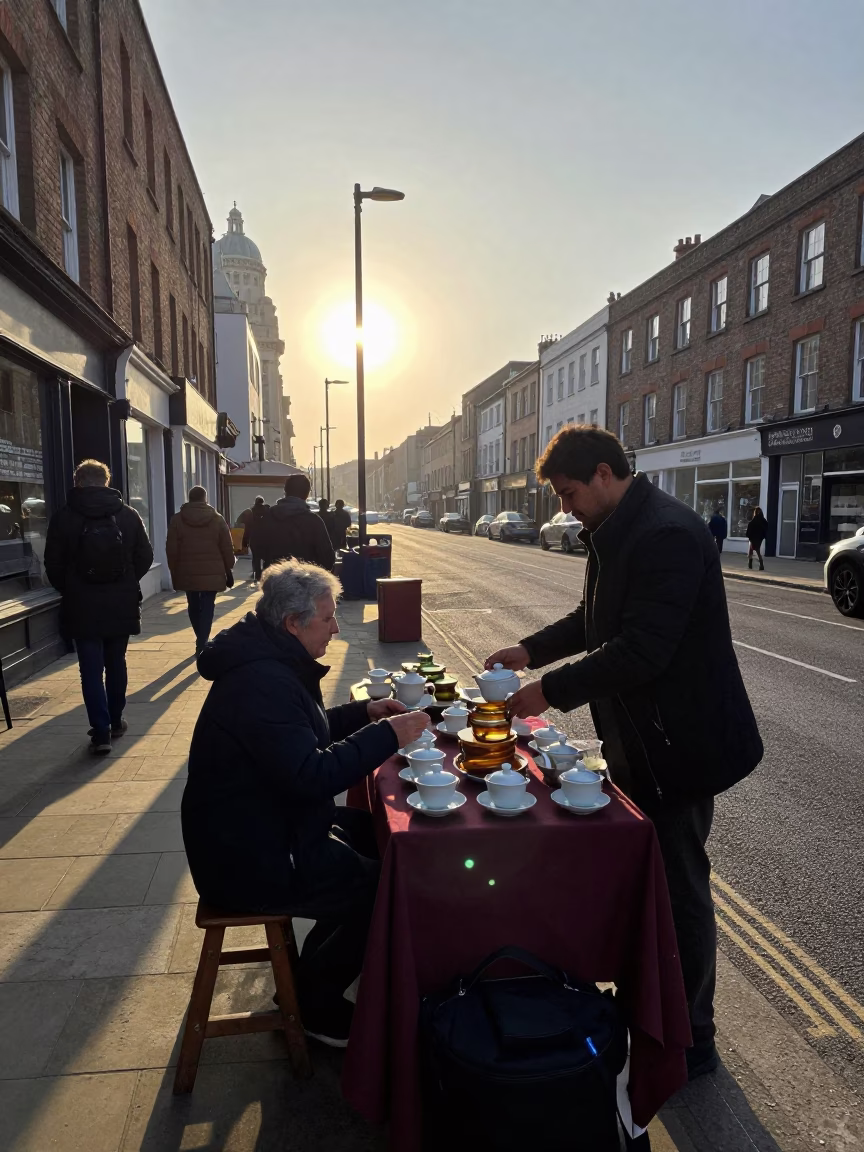Sunlit Liverpool Street Scene with Traditional Tea Service and Local Market Stall in in Liverpool, United Kingdom