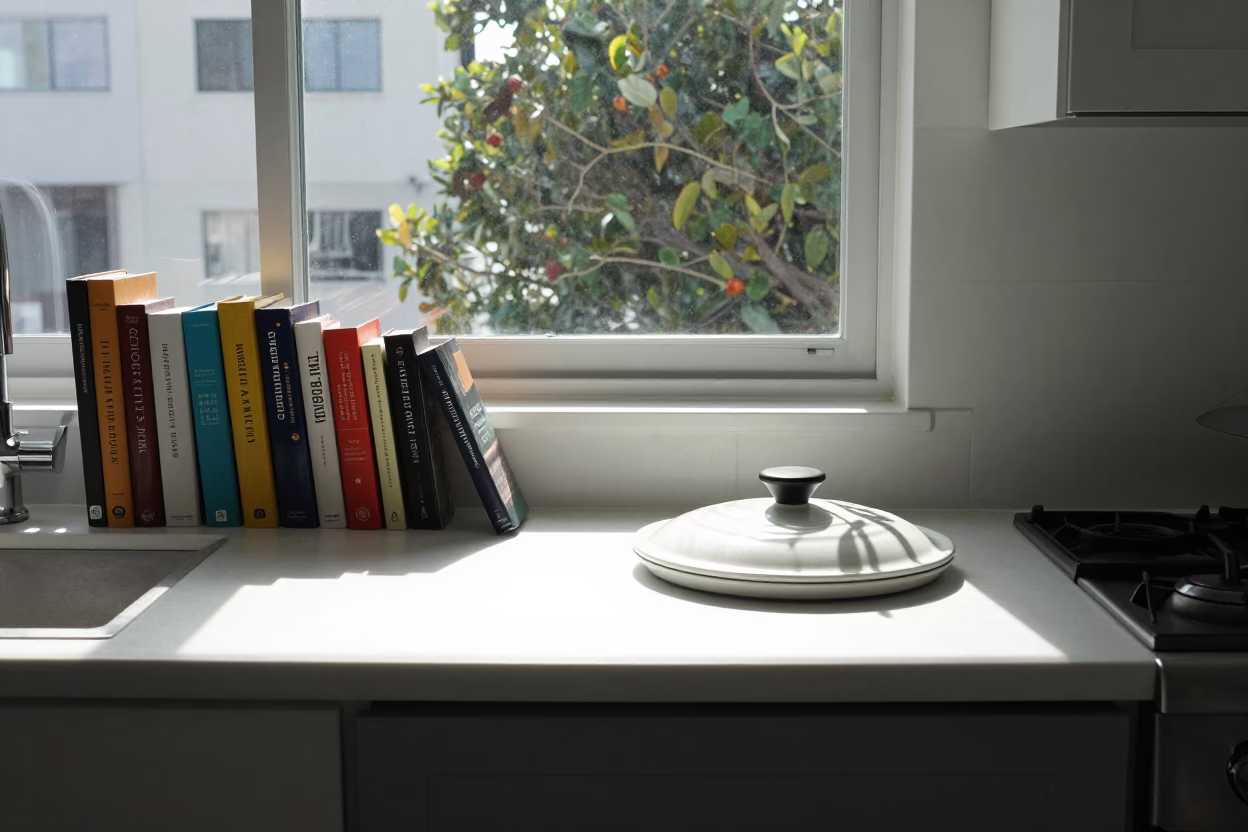Sunlit Los Angeles Kitchen Counter with Books and Natural Window Light in in Los Angeles, California, United States