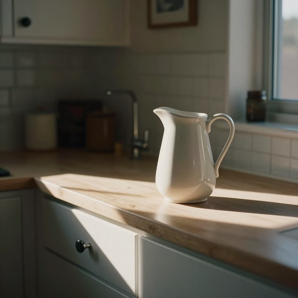 Sunlit Los Angeles Kitchen Counter with Ceramic Pitcher and Morning Light in in Los Angeles, California, United States