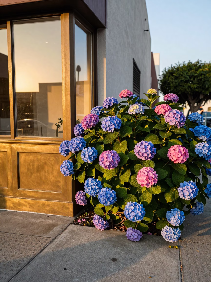 Sunlit Los Angeles Street Corner with Hydrangea Bush and Vintage Brass Hardware in in Los Angeles, California, United States