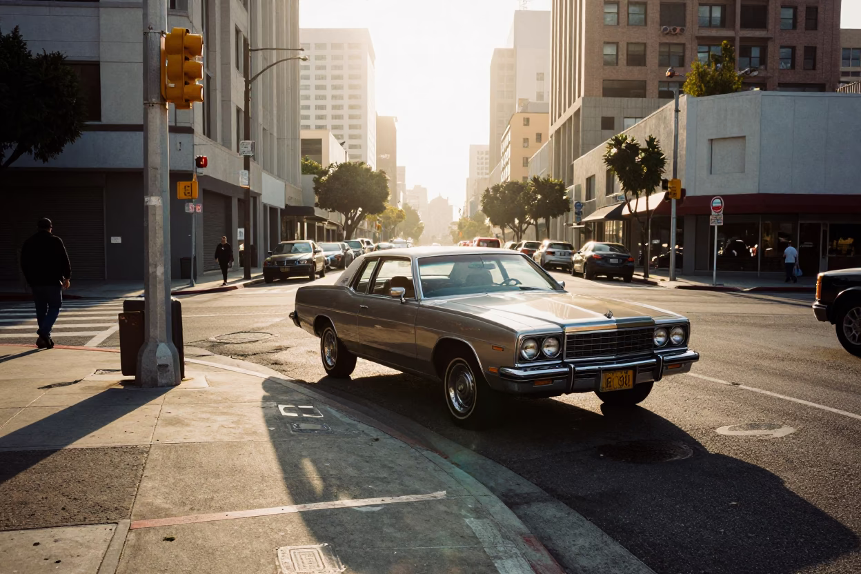 Sunlit Los Angeles Street Corner with Vintage Car and Morning Coffee Carafe in in Los Angeles, California, United States