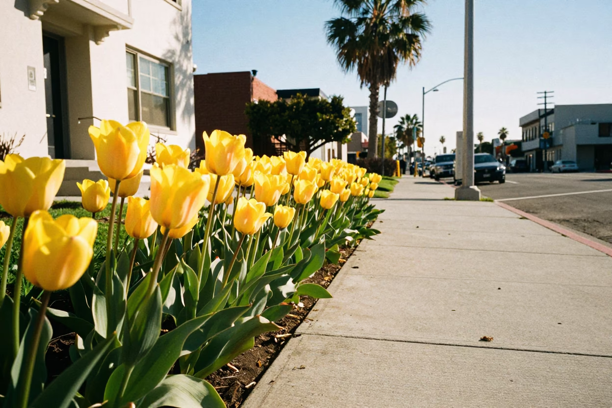 Sunlit Los Angeles Street Scene with Colorful Tulips and Urban Details in in Los Angeles, California, United States