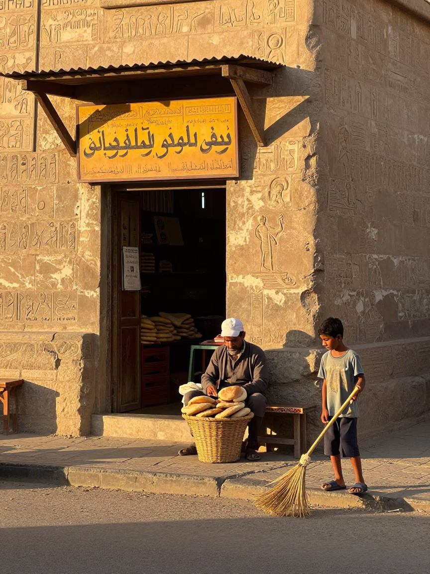 Sunlit Luxor Street Corner with Vendor and Morning Activity in in Luxor, Egypt
