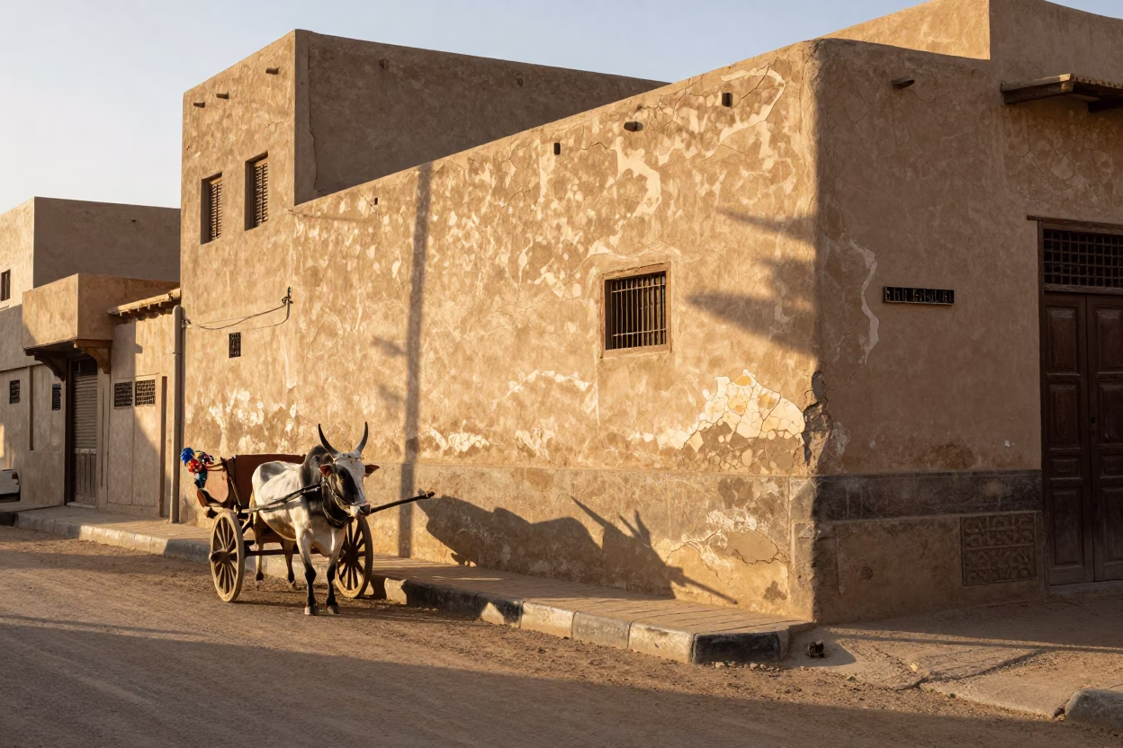 Sunlit Luxor Street Scene with Cracked Stucco Walls and Ox Cart in in Luxor, Egypt