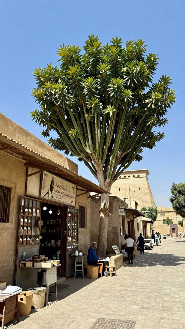 Sunlit Luxor Street Scene with Euphorbia Candelabra Tree and Traditional Metalwork Tools in in Luxor, Egypt