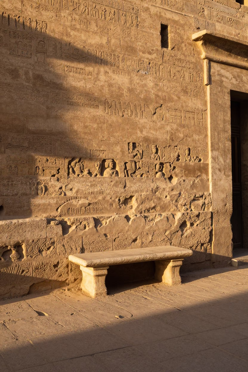Sunlit Luxor Street Scene with Flour Dust and Stone Bench in in Luxor, Egypt