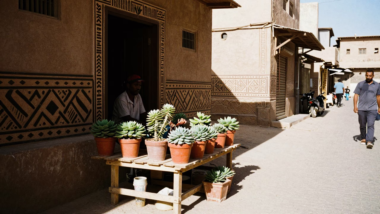 Sunlit Luxor Street Scene with Potted Succulents and Traditional Nubian Architecture in in Luxor, Egypt