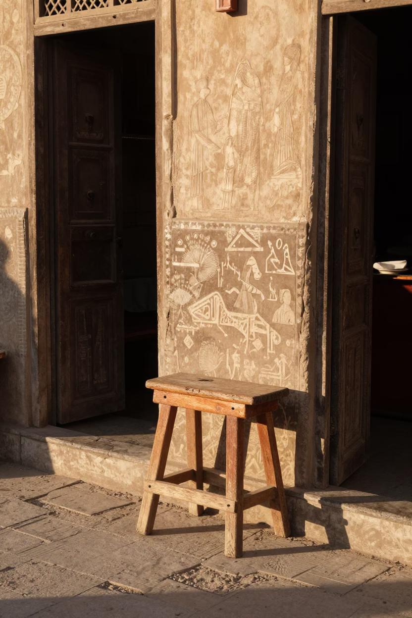 Sunlit Luxor Street Scene with Wooden Stool and Traditional Teahouse Exterior in in Luxor, Egypt