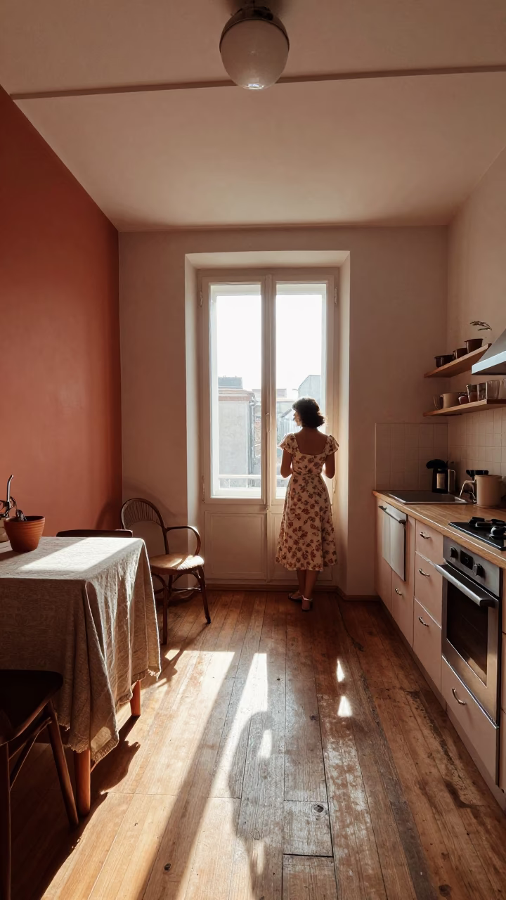 Sunlit Lyon Apartment Interior with Vintage Linens and Terracotta Bowl in in Lyon, France