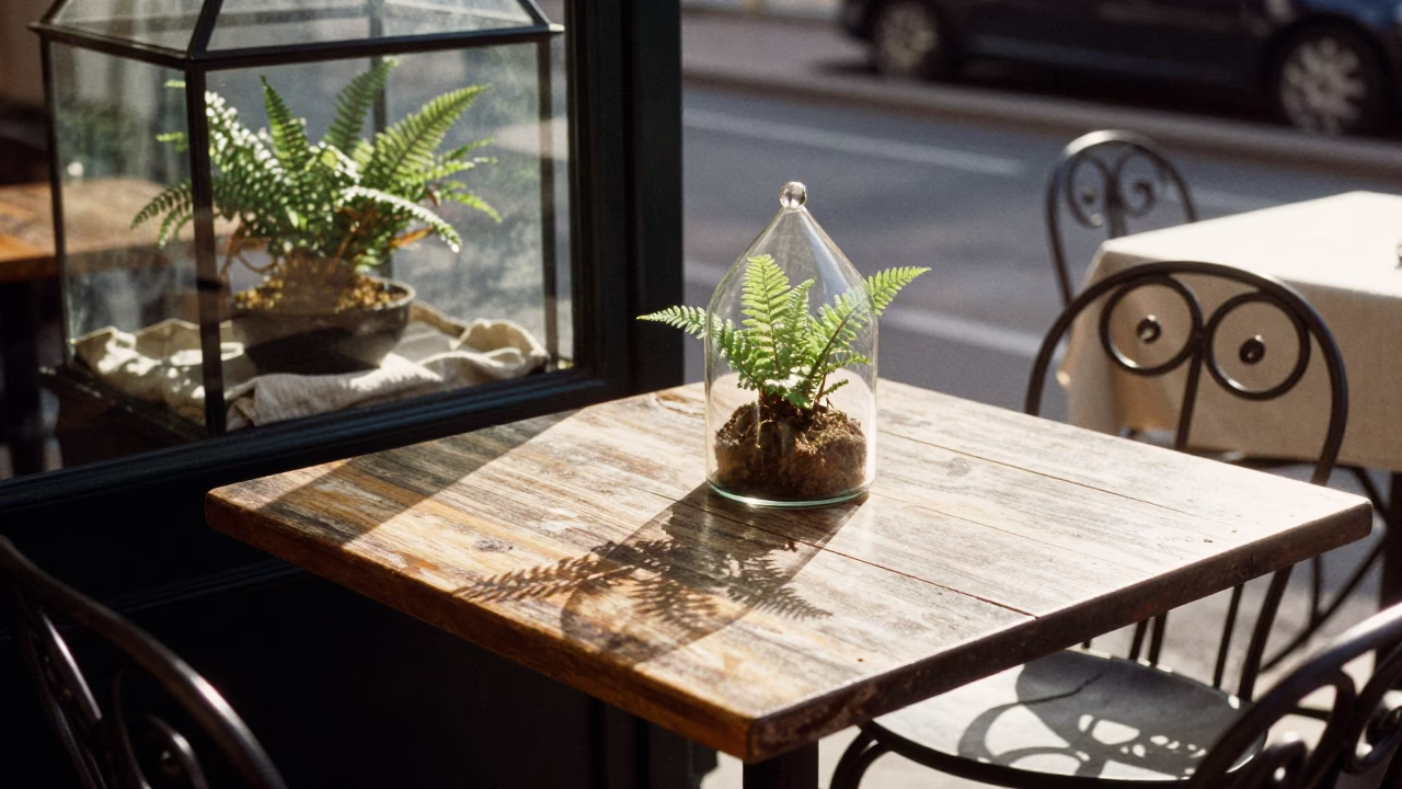 Sunlit Lyon Cafe Terrace with Glass Terrarium and Linen Napkin in in Lyon, France