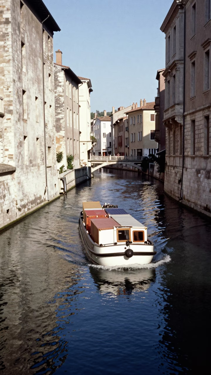 Sunlit Lyon Canal Barge Navigating Historic Waterway Amidst Stone Quays in in Lyon, France