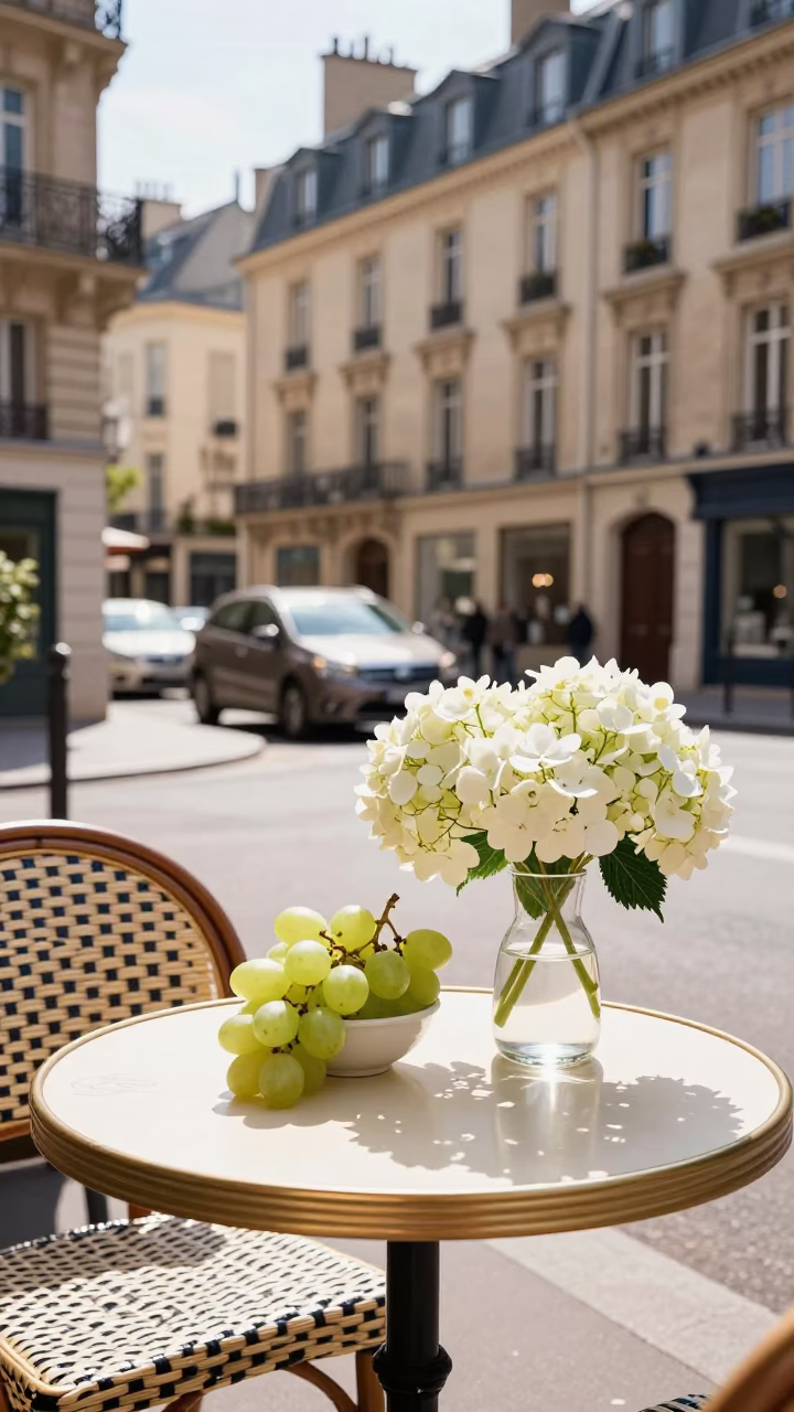 Sunlit Lyon Street Cafe Table with Grapes and Hydrangeas in in Lyon, France