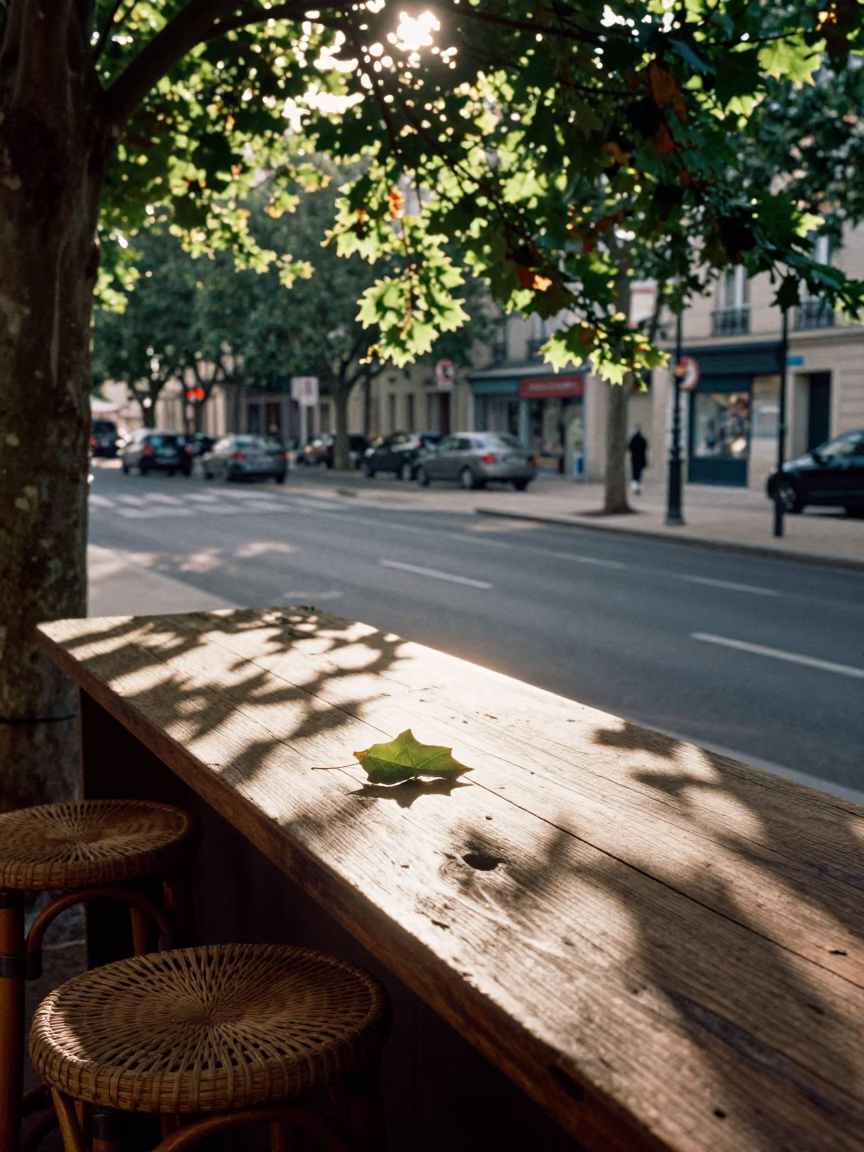 Sunlit Lyon Street Corner with Rattan Stool and Leaf Shadows in in Lyon, France