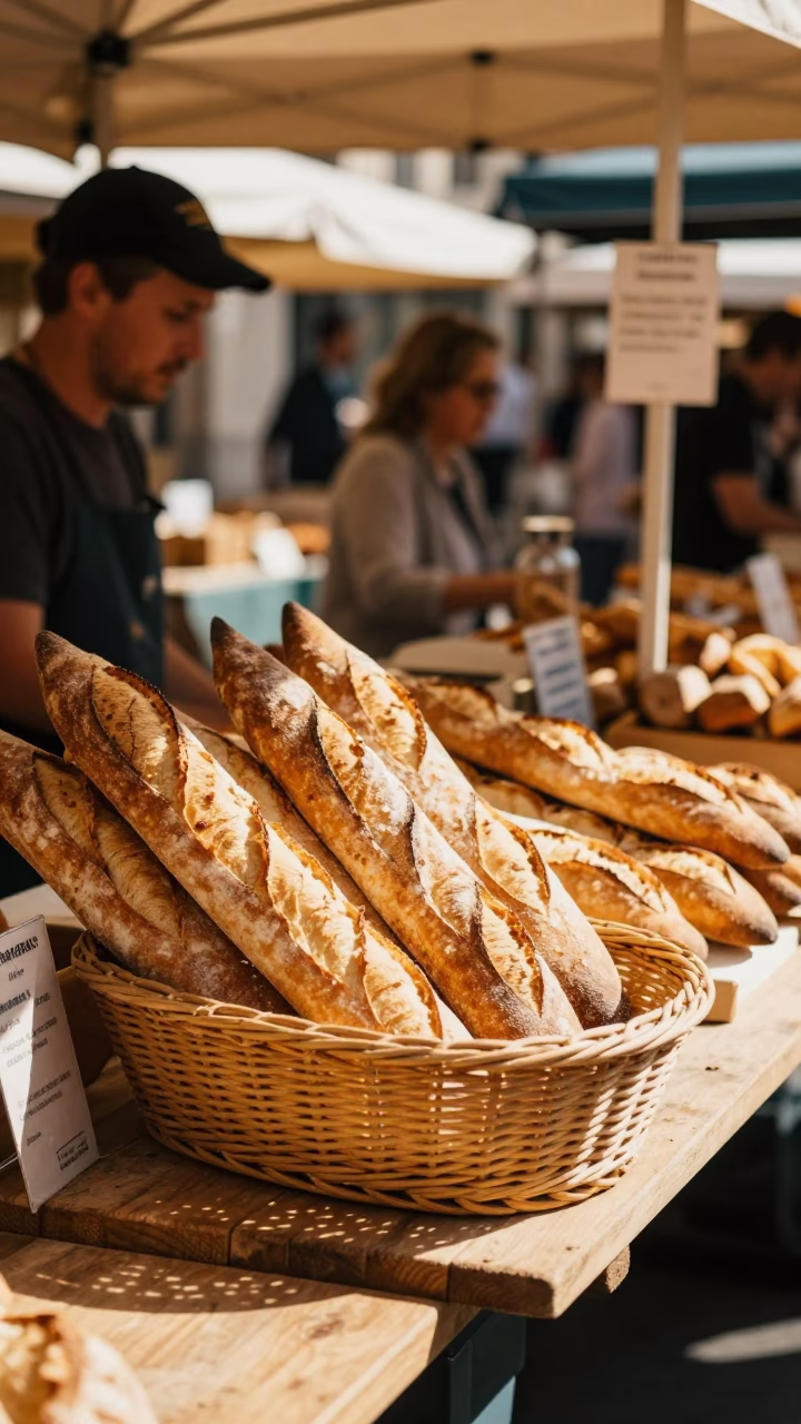 Sunlit Lyon Street Market Scene with Fresh Baguettes and Local Produce in in Lyon, France