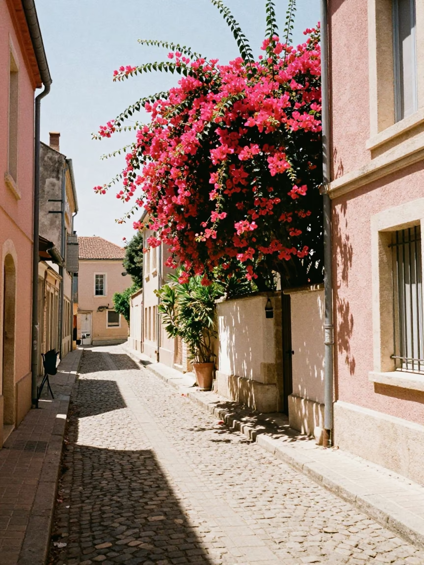 Sunlit Lyon Street Scene with Bougainvillea Cascade and Vintage Coat Stand in in Lyon, France