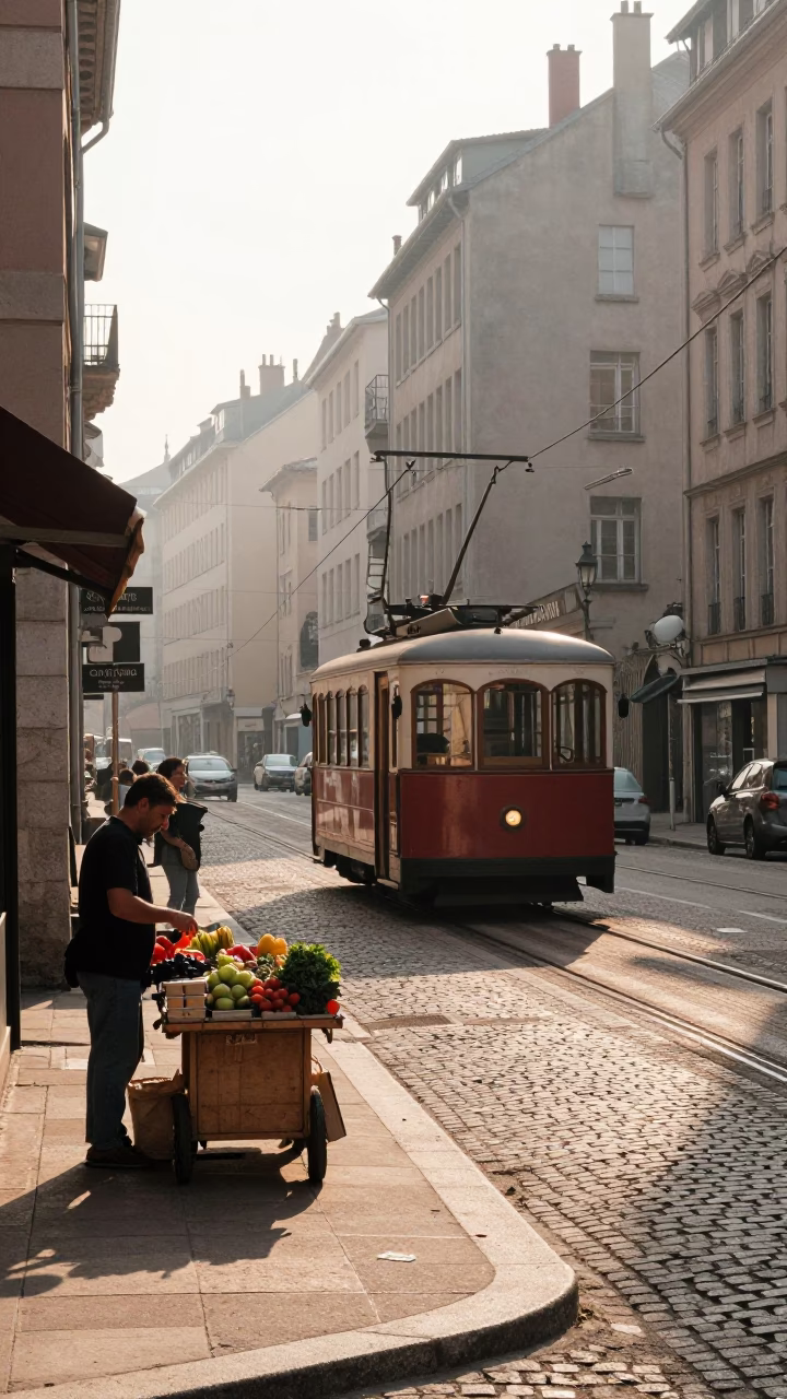 Sunlit Lyon Street Scene with Funicular Railway and Vintage Bakelite Telephone in in Lyon, France