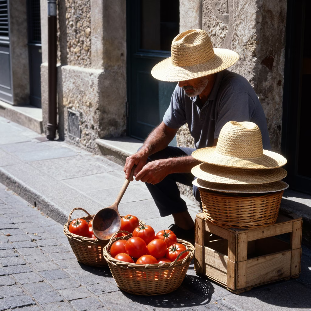 Sunlit Lyon Street Scene with Straw Hat and Wooden Spoon in in Lyon, France