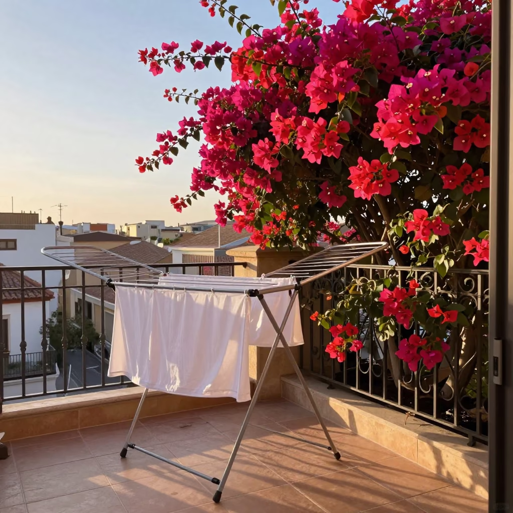 Sunlit Madrid Balcony with Drying Laundry and Flowering Bougainvillea in in Madrid, Spain