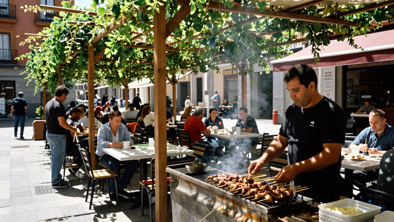 Sunlit Madrid Plaza Terrace with Hanging Vine and Grilled Kebab on Grill in in Madrid, Spain