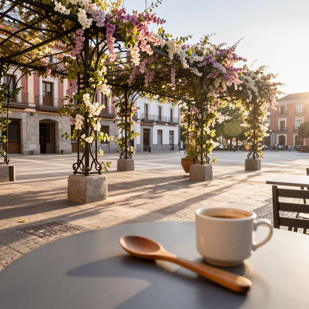 Sunlit Madrid Plaza with Trellis and Olive Wood Spoon in in Madrid, Spain