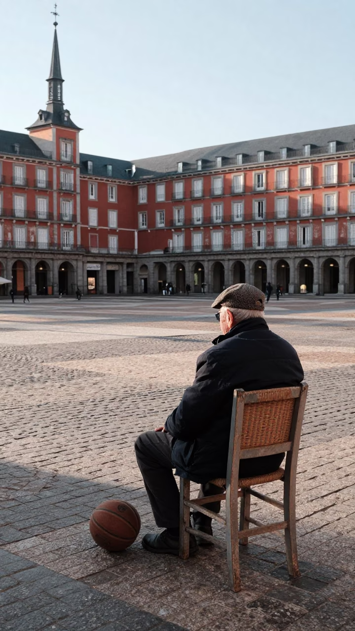 Sunlit Madrid Plaza With Vintage Basketball And Wicker Chair in in Madrid, Spain