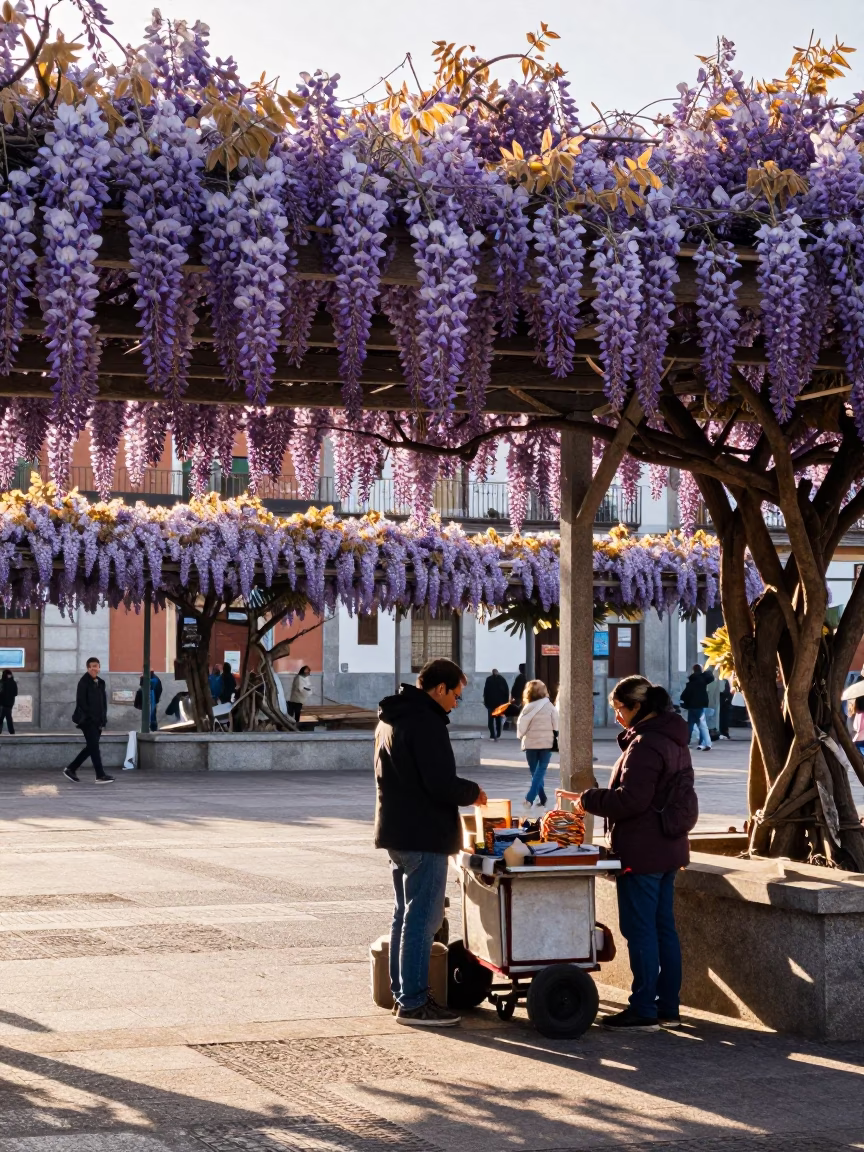 Sunlit Madrid Plaza with Wisteria Pergola and Street Vendor Notebook in in Madrid, Spain