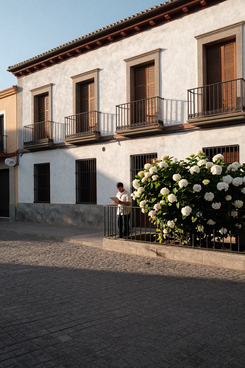 Sunlit Madrid Street Scene with Clipboard and Hydrangea Bush Near Historic Archway in in Madrid, Spain