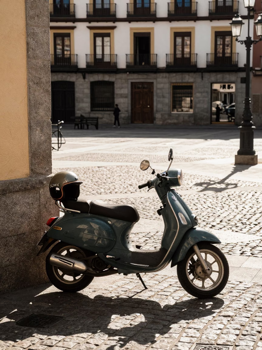 Sunlit Madrid Street Scene with Vintage Motorcycle and Local Cafe Details in in Madrid, Spain