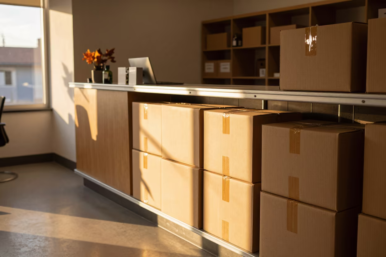 Sunlit Mailroom Parcel Station Autumn Office in inside a coworking floor near Okara