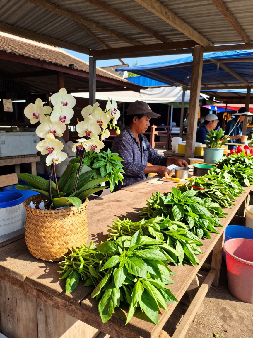 Sunlit Market Stall in Luang Prabang Laos with Vanilla Orchid and Basil Leaves in in Luang Prabang, Laos