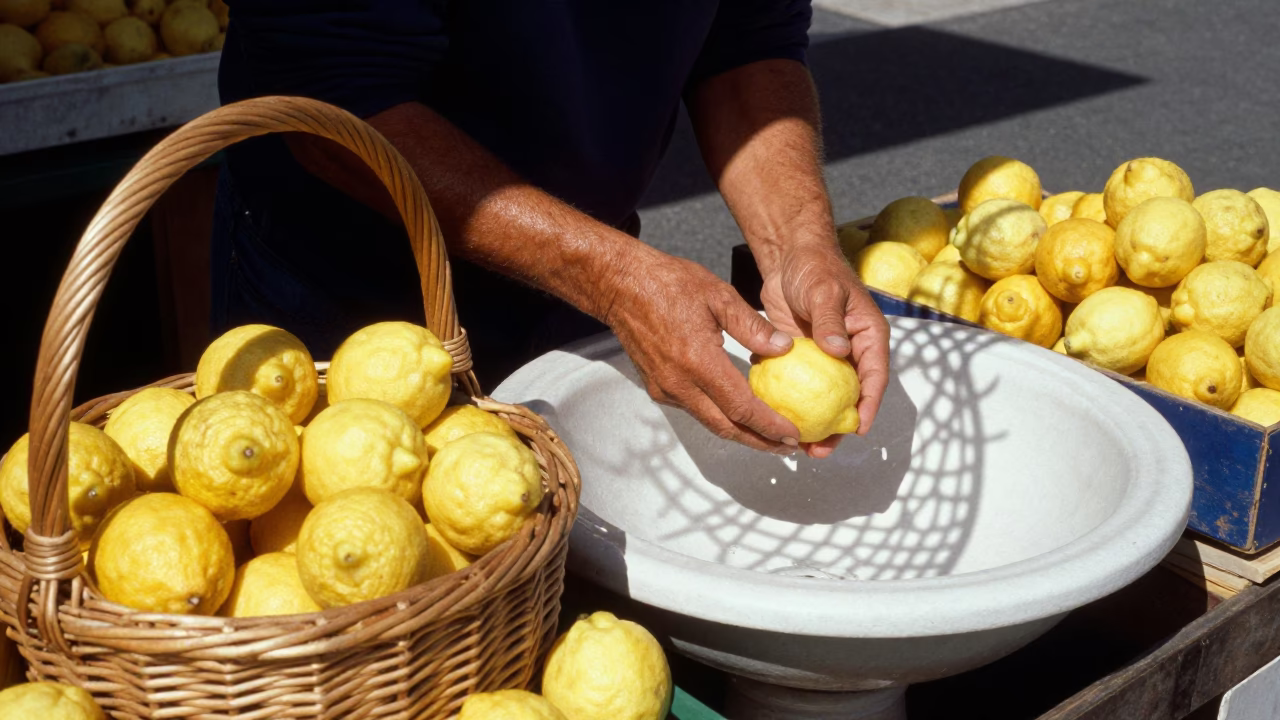 Sunlit Market Stall in Nice France with Lemons and Wicker Basket Shadows in in Nice, France