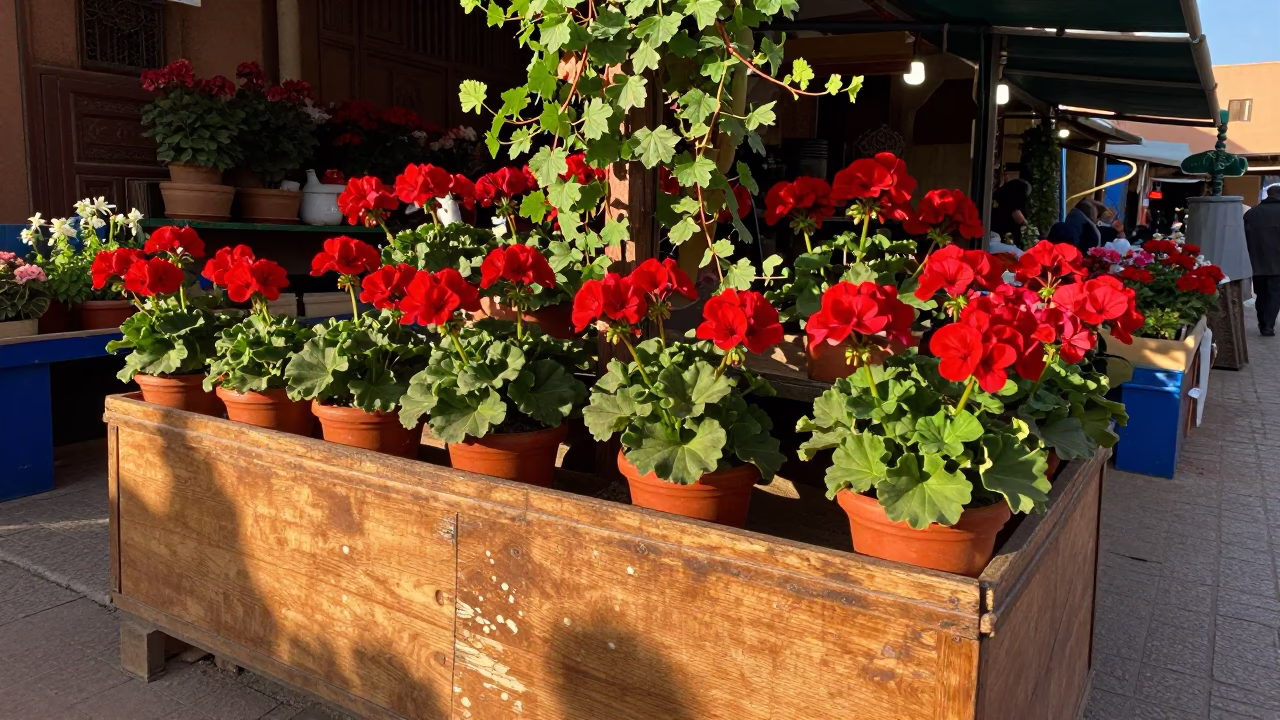 Sunlit Marrakech Market Stall Displaying Potted Geraniums and Vine Clipped by Local Vendor in in Marrakech, Morocco