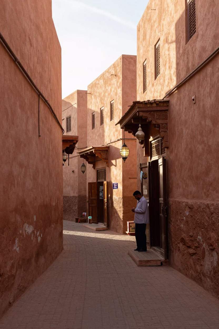 Sunlit Marrakech Medina Alley with Traditional Lanterns and Local Street Life in in Marrakech, Morocco